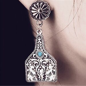 Cow Ear Tag Concho Blue Turquoise Western Floral Flourish Bottle Cowgirl Dangles
